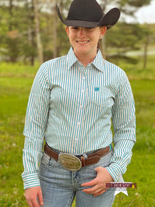 Load image into Gallery viewer, Ladies Cinch ~ Tan &amp; Turquoise Stripes - Henderson&#39;s Western Store