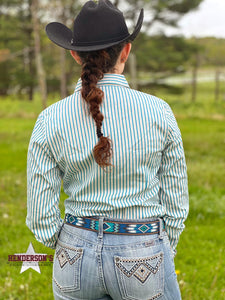 Load image into Gallery viewer, Ladies Cinch ~ Tan &amp; Turquoise Stripes - Henderson&#39;s Western Store