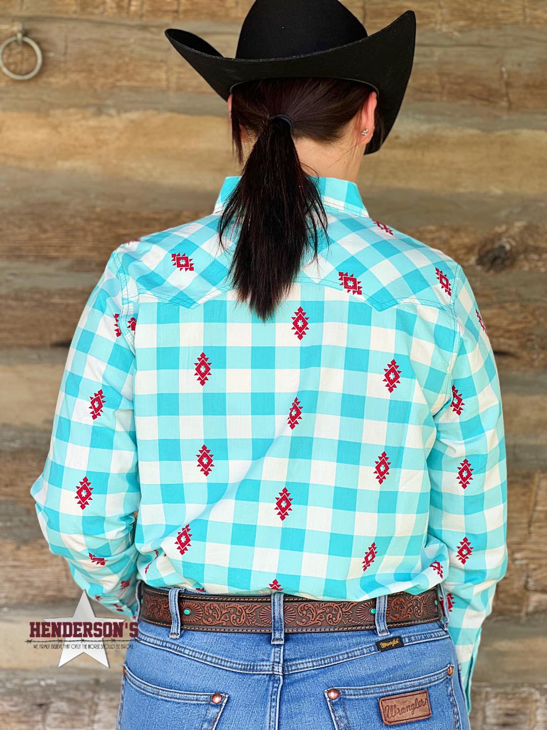 Cruel Girl Print Shirt ~ Cyan W/Red - Henderson's Western Store