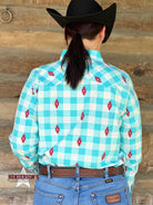 Cruel Girl Print Shirt ~ Cyan W/Red - Henderson's Western Store