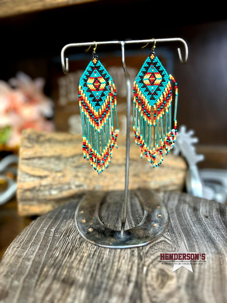 Western Seed Bead Fringe Earrings ~ Turquoise Navajo | Henderson's