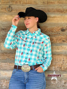 Cruel Girl Print Shirt ~ Cyan W/Red - Henderson's Western Store