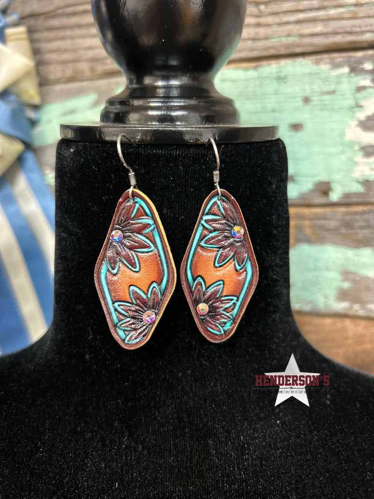 Leather Floral Marquise Earrings ~ Turquoise - Henderson's Western Store