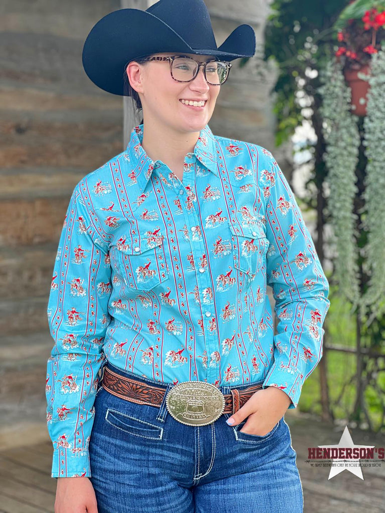 Ladies Panhandle Roping/Riding Cowgirl Print ~ Sky Blue - Henderson's Western Store