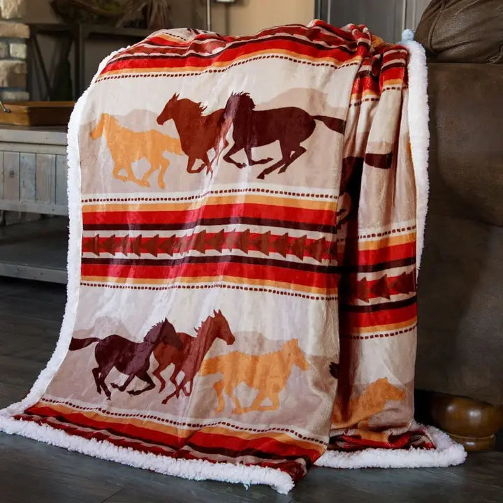 Southwest Running Horse Country Plush Fur Sherpa Fleece Throw Blanket - Henderson's Western Store