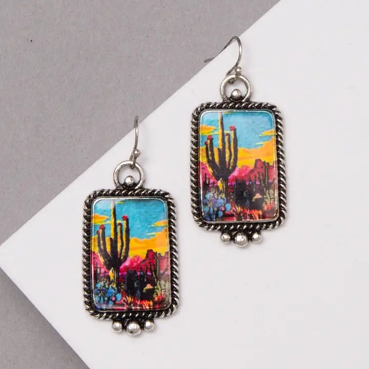 Western Theme Print Rectangle Earrings - Henderson's Western Store