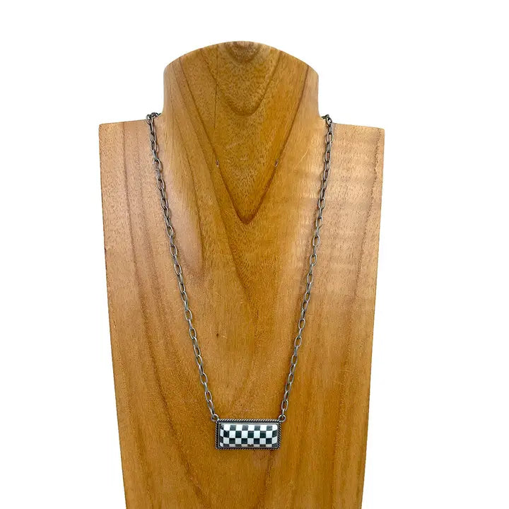 Silver Metal Chain with Checker Print Bar Necklace - Henderson's Western Store