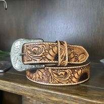 Sunflower Tooling Leather Belt - Henderson's Western Store