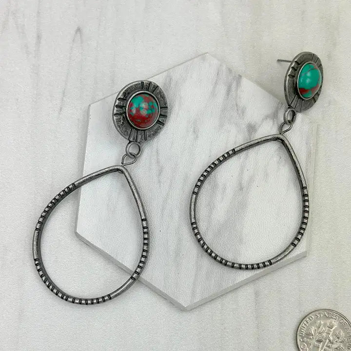 Metal Circle with Green Turquoise Stone Earrings - Henderson's Western Store