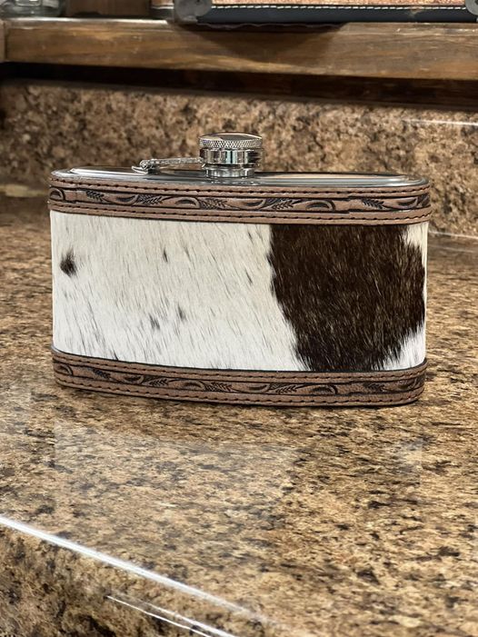 Cowhide & Tooled Leather Flask ~ 24oz - Henderson's Western Store