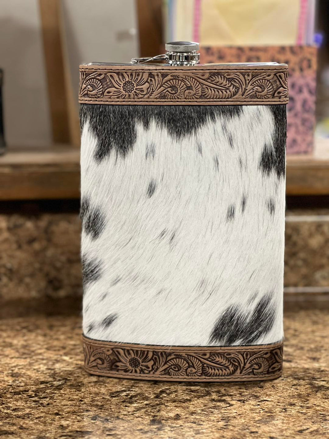 Cowhide & Tooled Leather Flask ~ 64oz ~ White - Henderson's Western Store