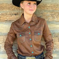 Load image into Gallery viewer, Pullover Button Up by Cowgirl Tuff ~ Brown Faux Leather - Henderson&#39;s Western Store