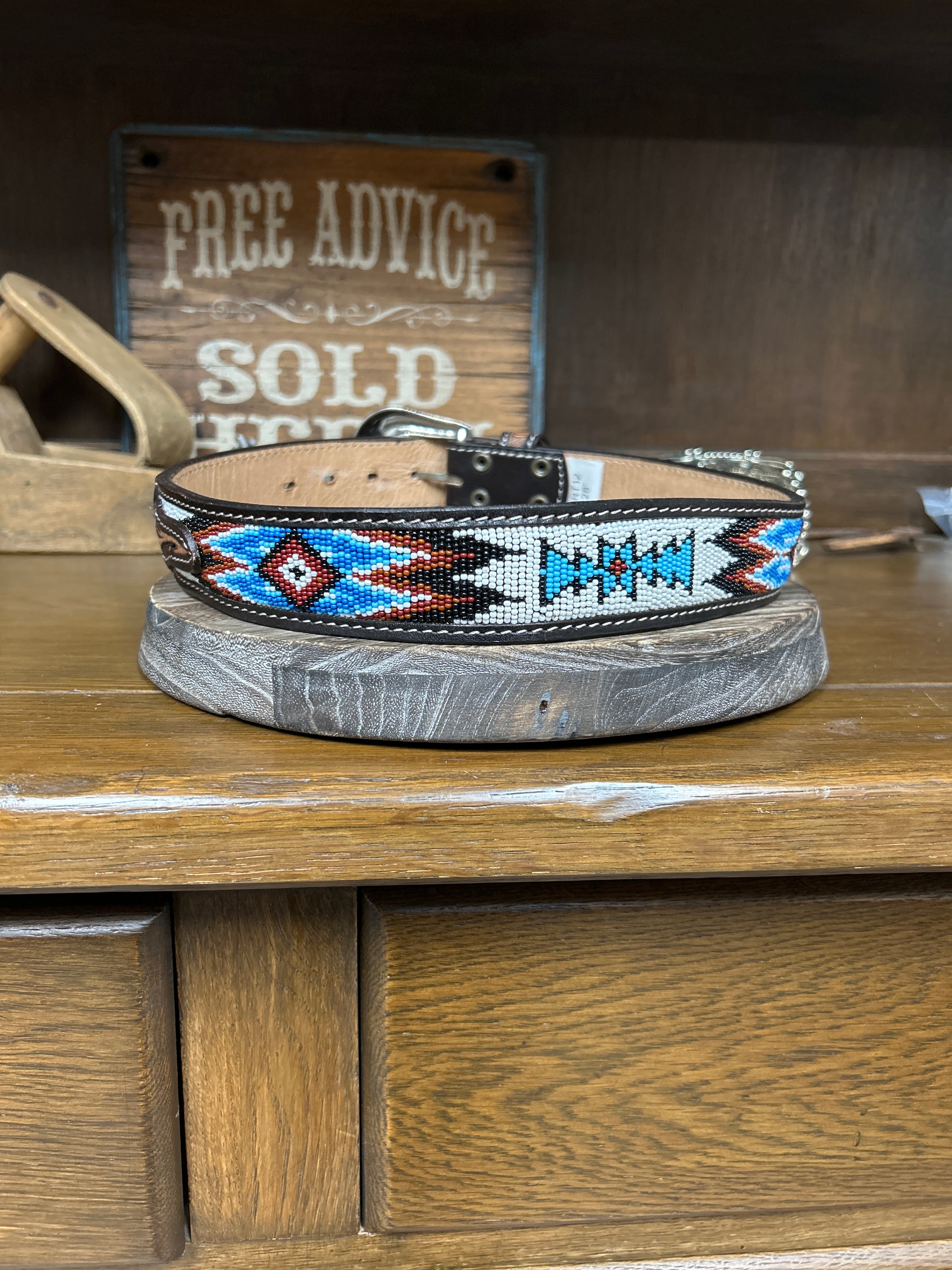 Leather Beaded Inlay Belt~White - Henderson's Western Store