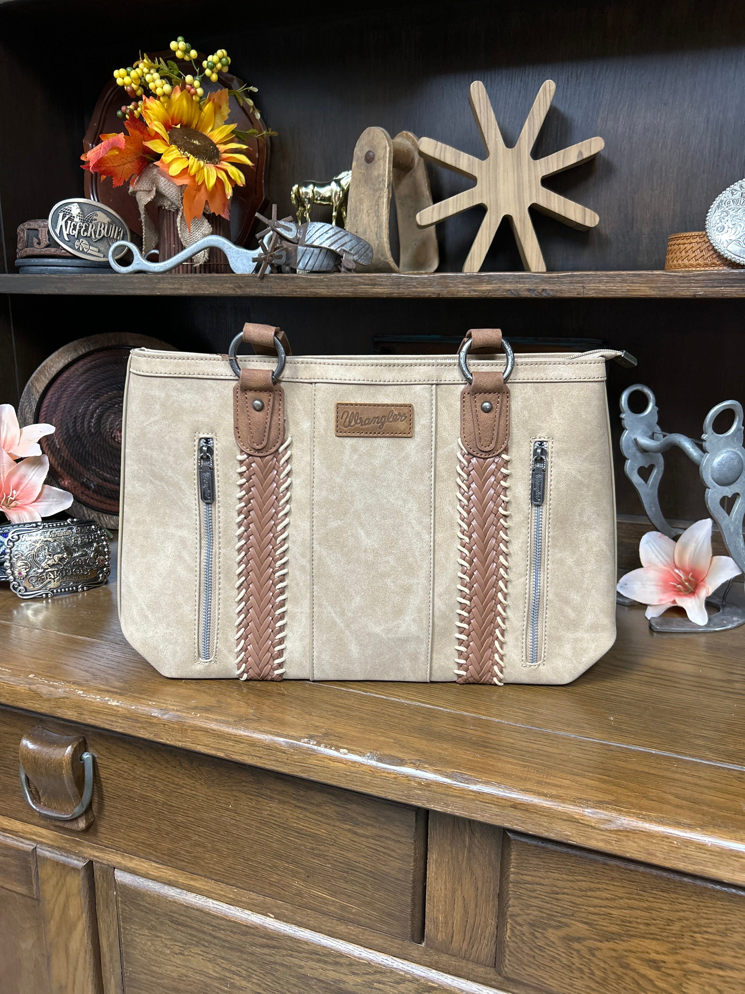 Wrangler Braided Whipstitch Zippered Tote ~ Tan - Henderson's Western Store