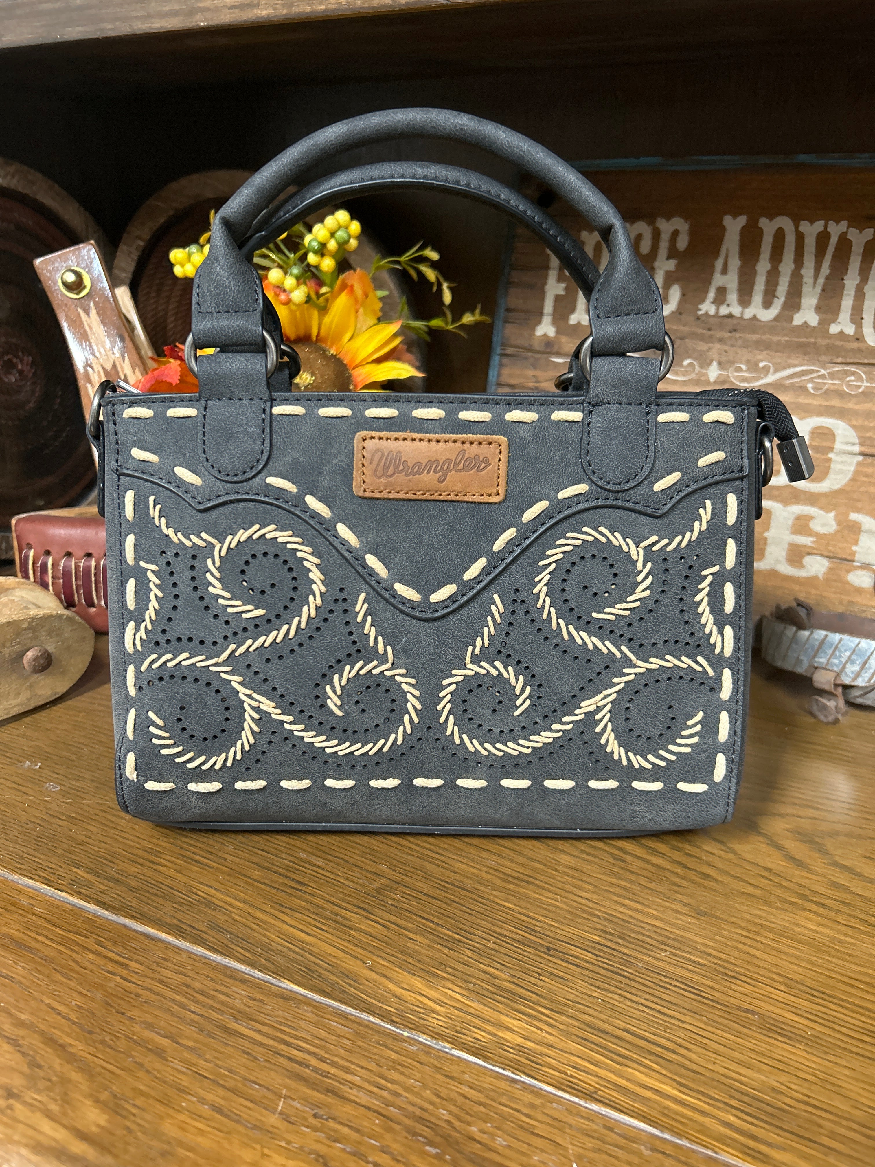 Wrangler Embroidered Satchel/ Crossbody ~ Black - Henderson's Western Store