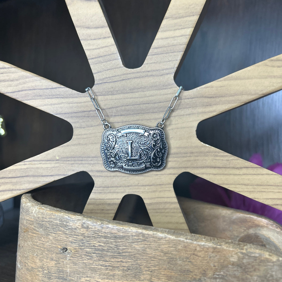 Western Buckle Initial Necklace ~ L
