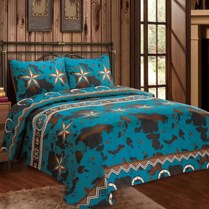 Load image into Gallery viewer, Star &amp; Blue Cowprint Sheet  Set ~ Queen - Henderson&#39;s Western Store