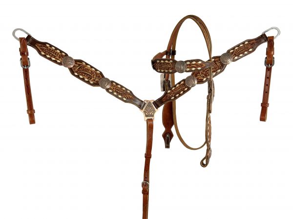 Floral tooled Leather Browband Headstall and Breast Collar Set - Henderson's Western Store