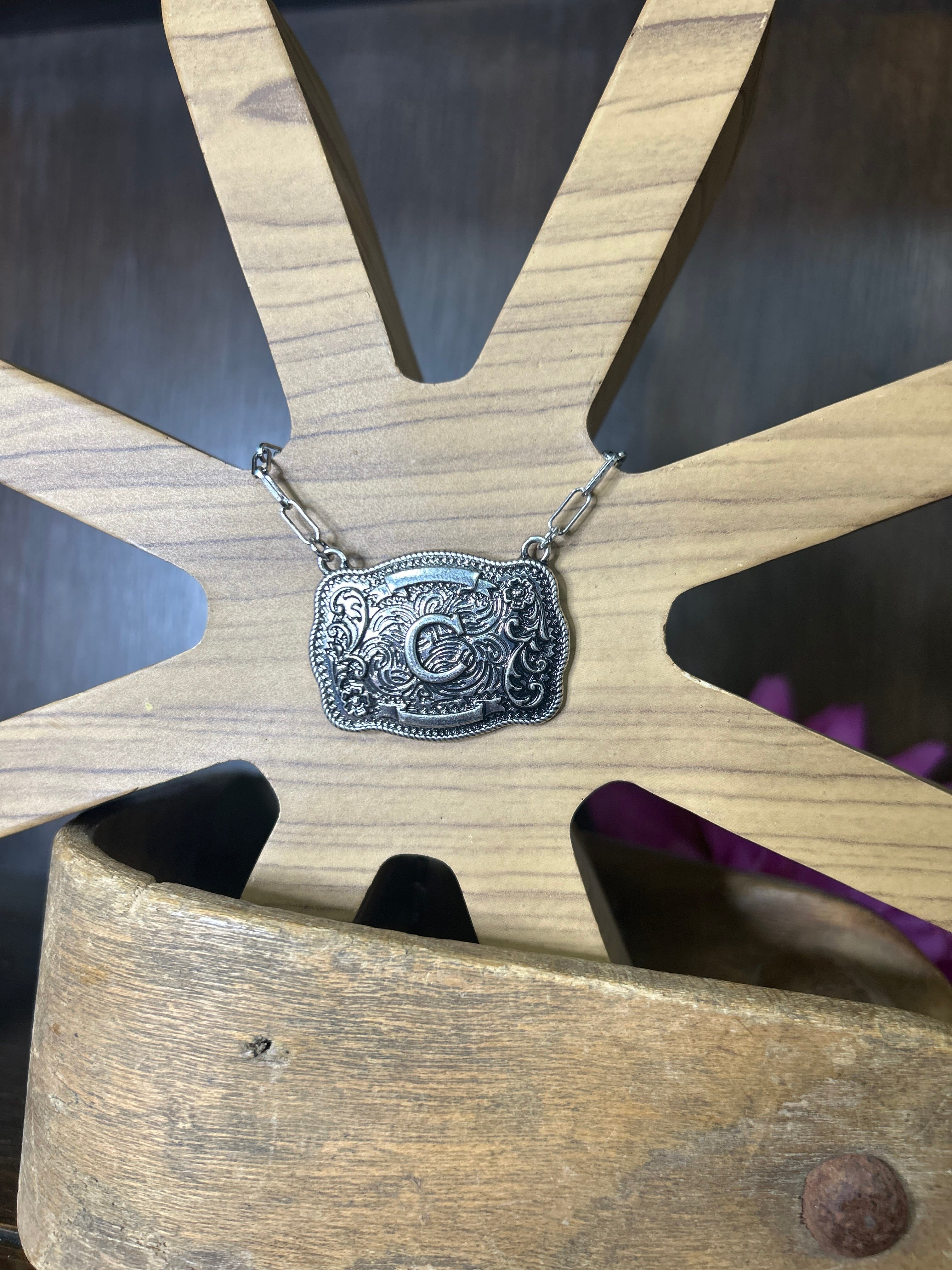 Western Buckle Initial Necklace ~ C - Henderson's Western Store
