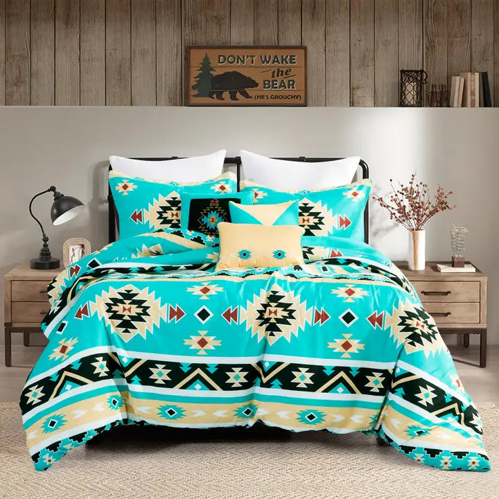 Western Linen Comforter Set ~ Turquoise Southwest - Henderson's Western Store