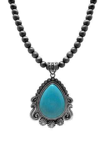 Turquoise Stone Teardrop Pendant Navajo Pearl Necklace - Henderson's Western Store