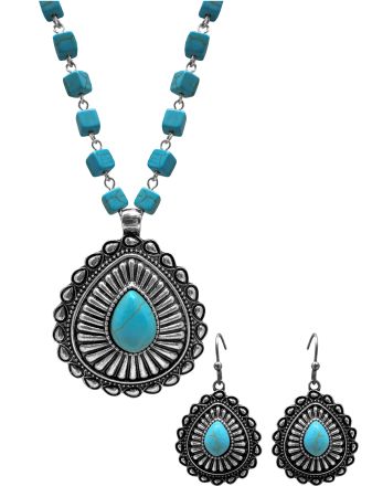 Western Concho Pendant Cube Beaded Necklace and Earrings Set - Henderson's Western Store