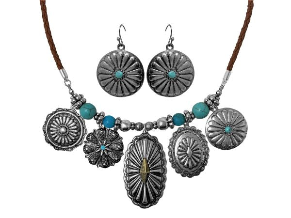 Western Style Concho Charms on Vegan Leather Braided Cord Necklace and Earrings Set - Henderson's Western Store