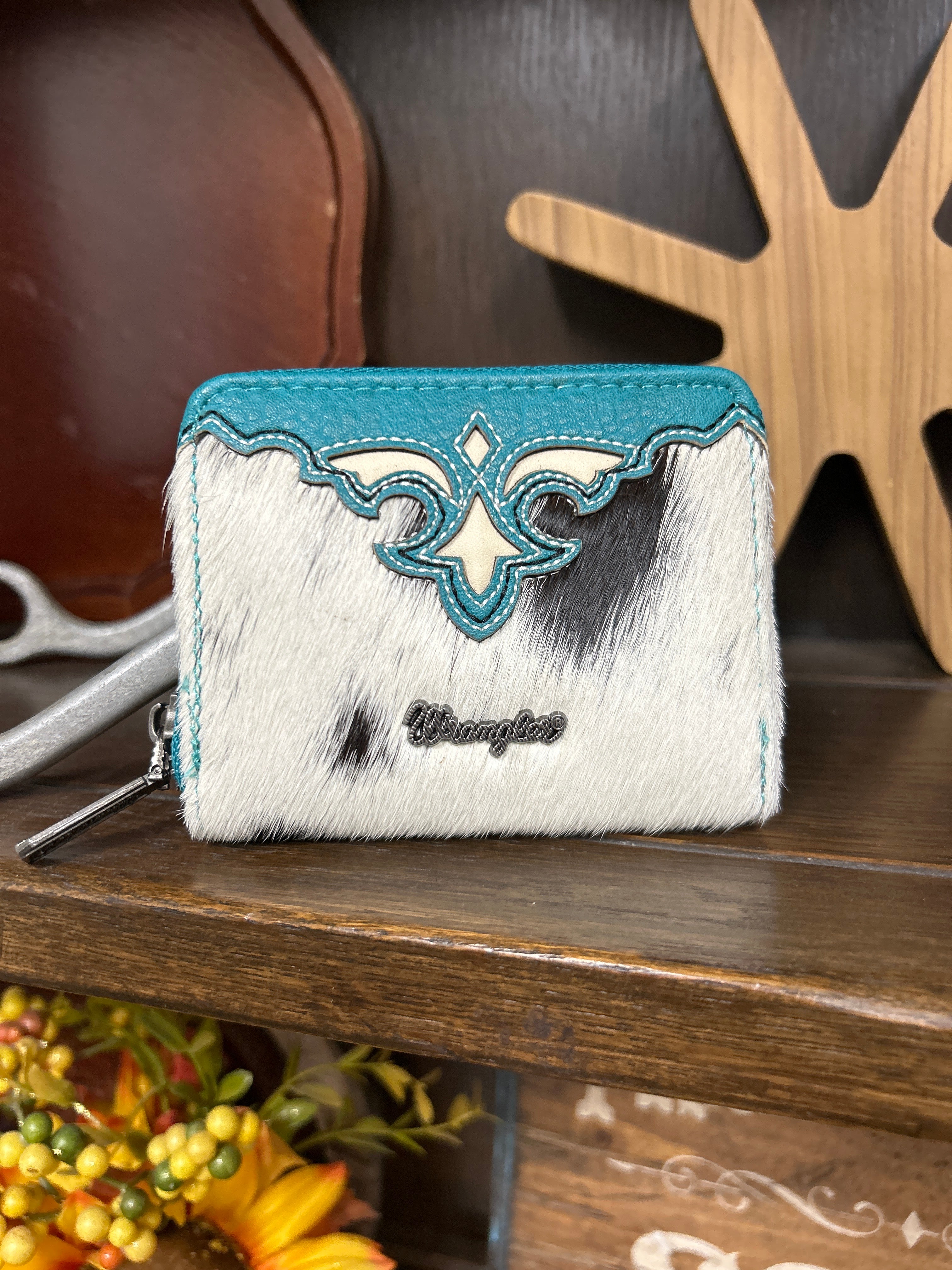 Wrangler Cowhide Zip-Around Wallet ~ Turquoise - Henderson's Western Store