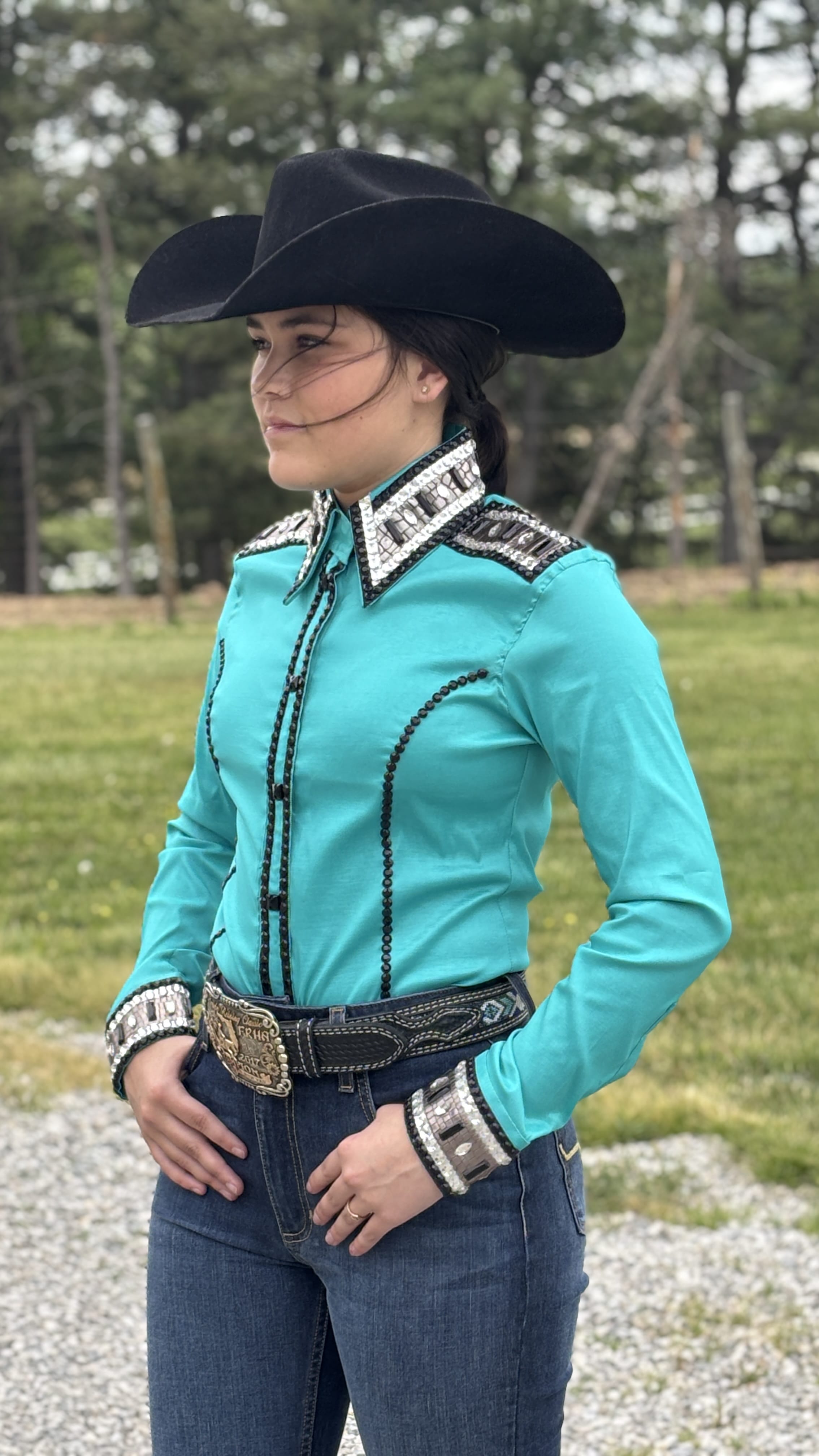 RHC Taffeta Bling Concealed Zipper Show Shirt -Teal Temptation - Henderson's Western Store