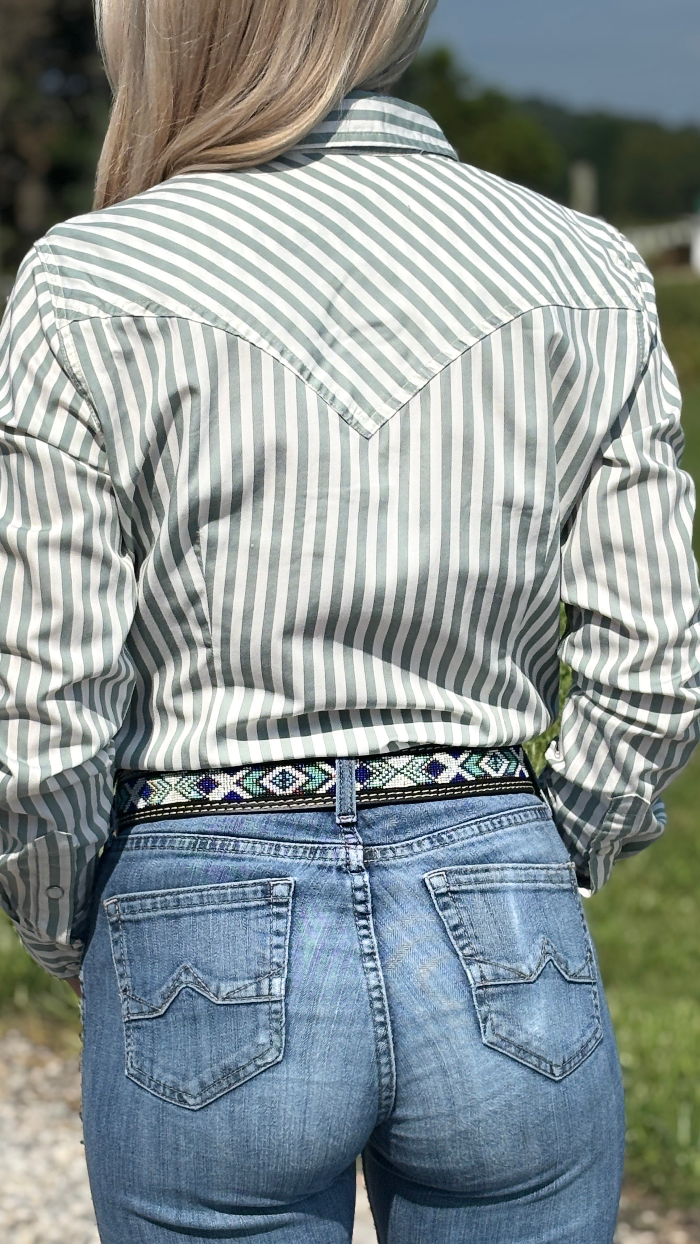 Wrangler Retro Western Snap ~ Green Stripe - Henderson's Western Store