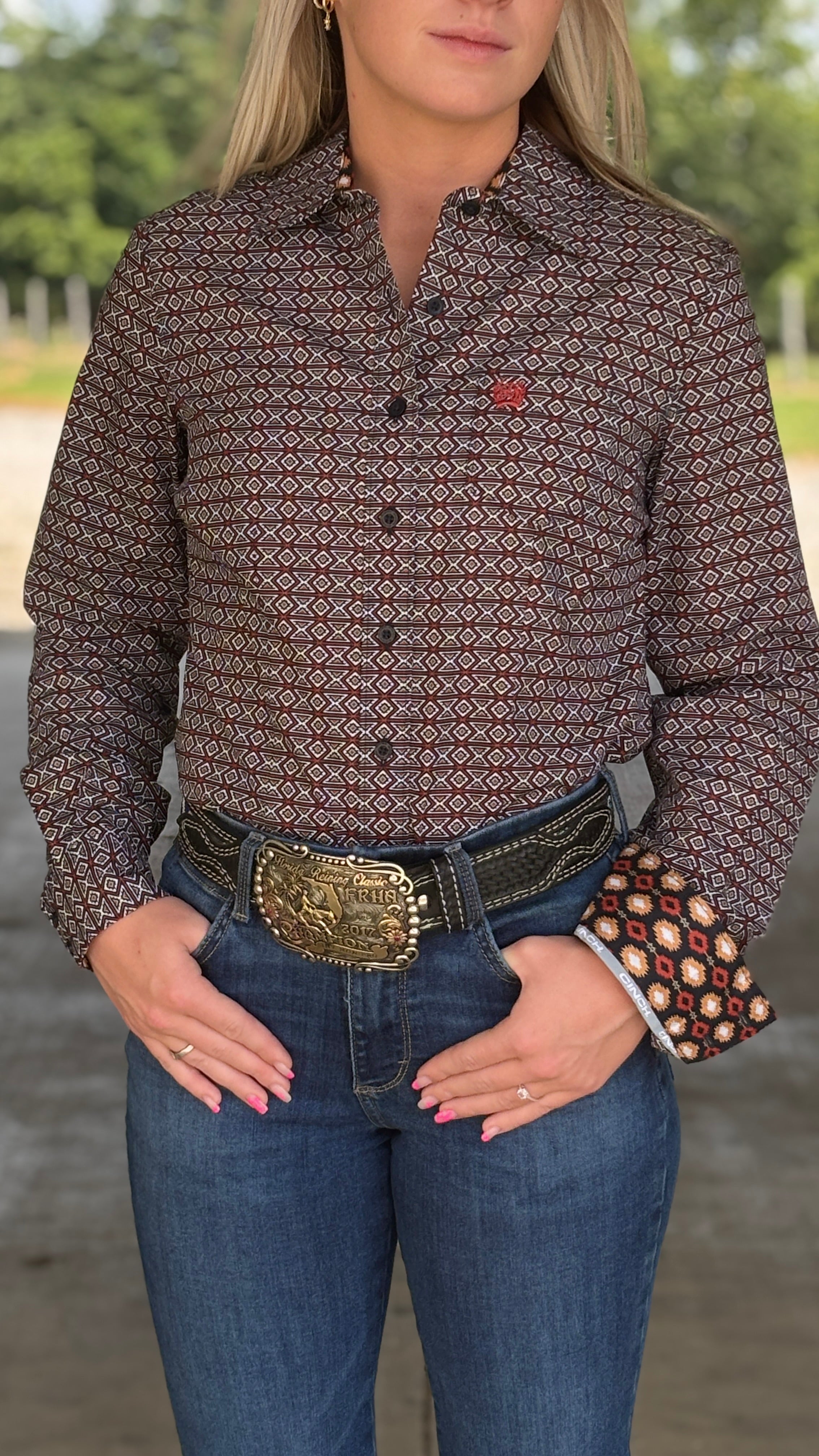 Ladies Cinch  ~ Brick Red Geo Print - Henderson's Western Store