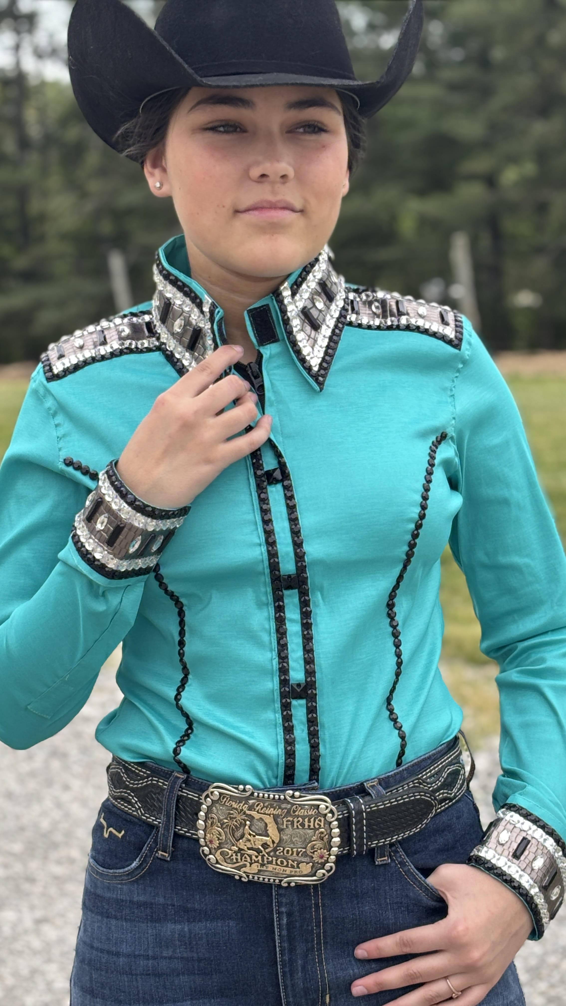 RHC Taffeta Bling Concealed Zipper Show Shirt -Teal Temptation