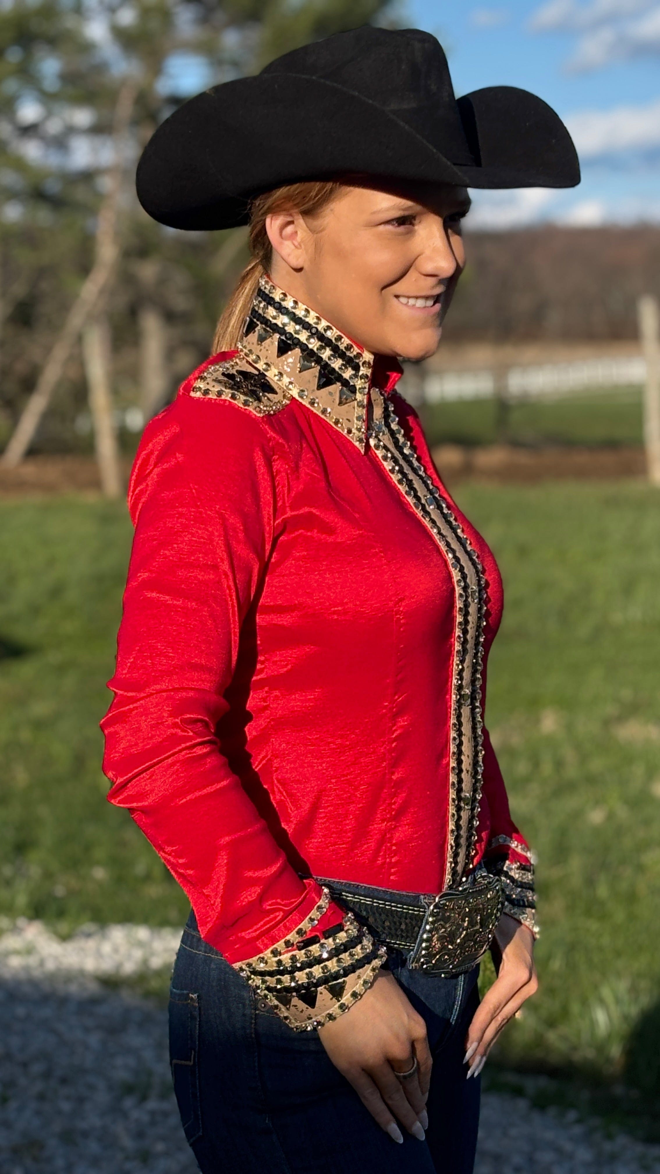 RHC Taffeta Bling Concealed Zipper Show Shirt -Red