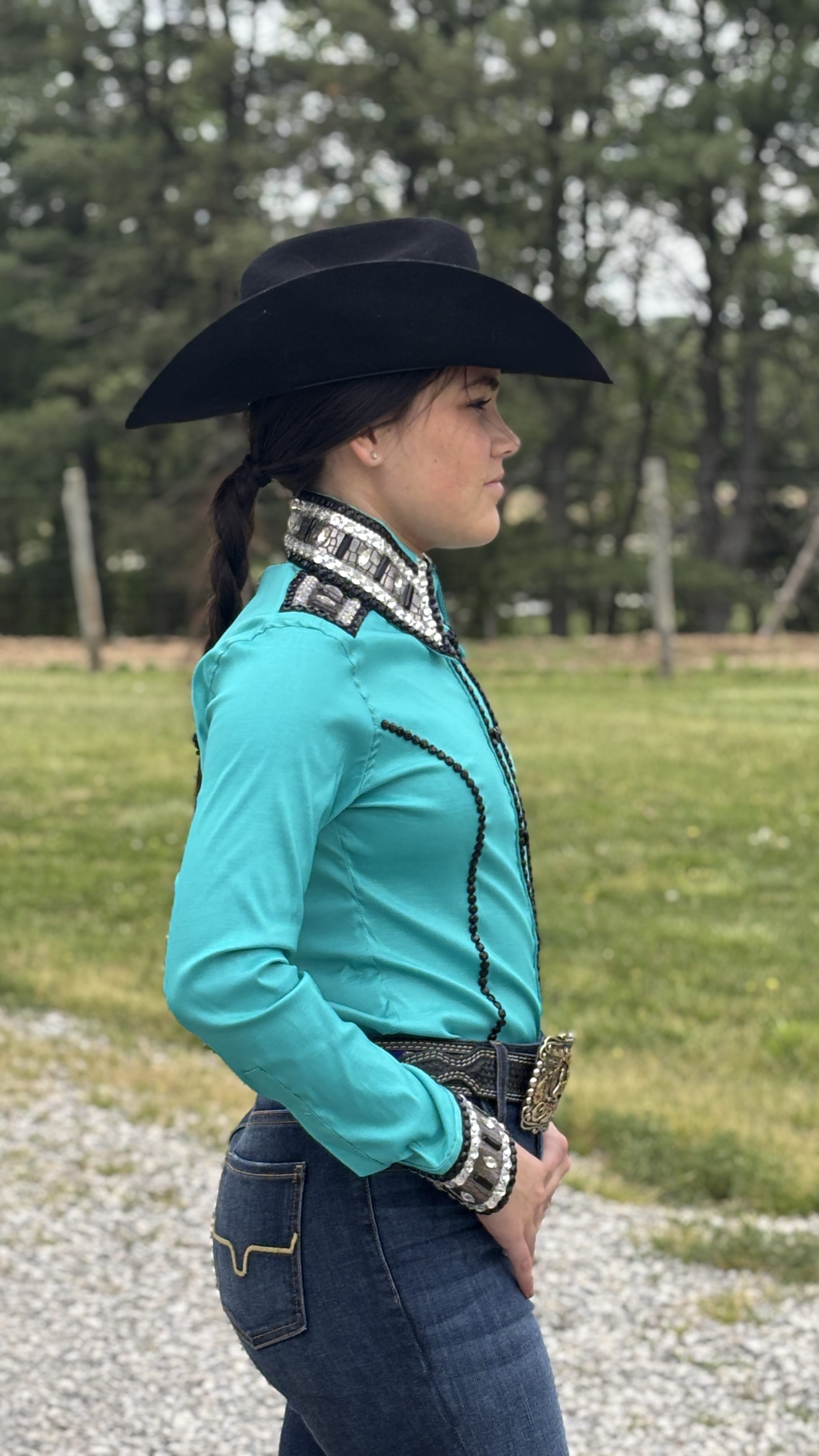 RHC Taffeta Bling Concealed Zipper Show Shirt -Teal Temptation - Henderson's Western Store