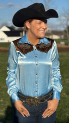 Satin Pullover Button Up by Cowgirl Tuff ~ Brown & Sky Blue W/Embroidered Bootstitch - Henderson's Western Store
