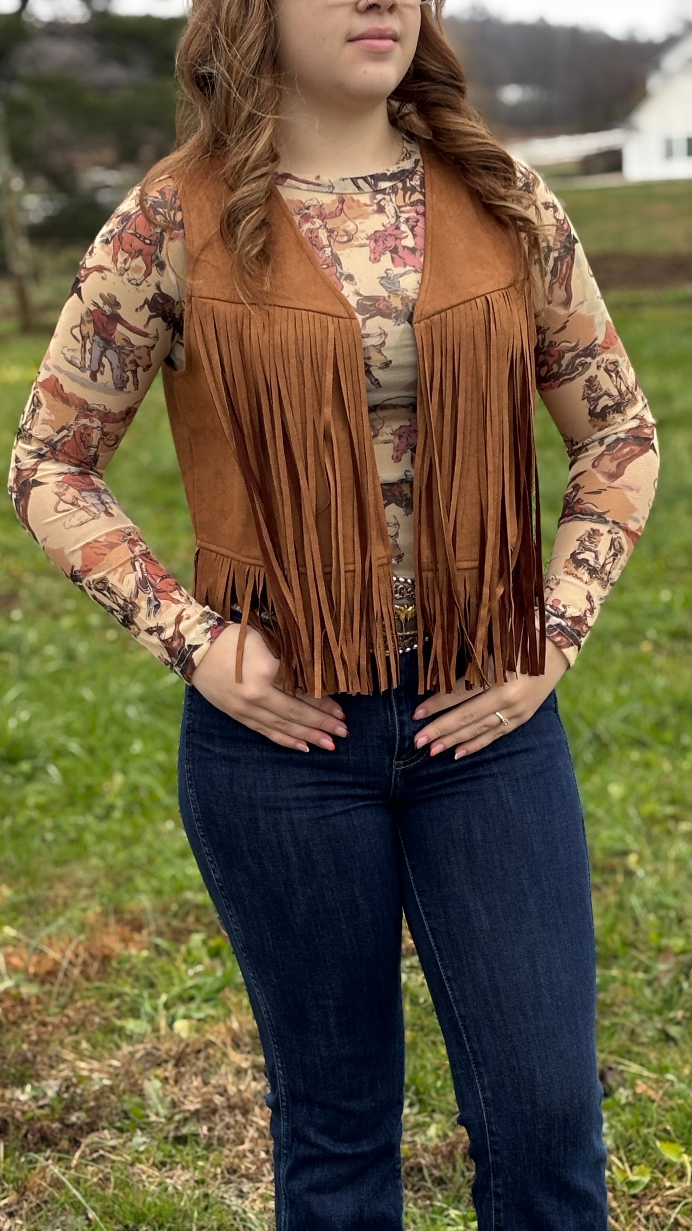 Western Cowboy Rodeo Print Sheer Mesh Fitted Top - Henderson's Western Store