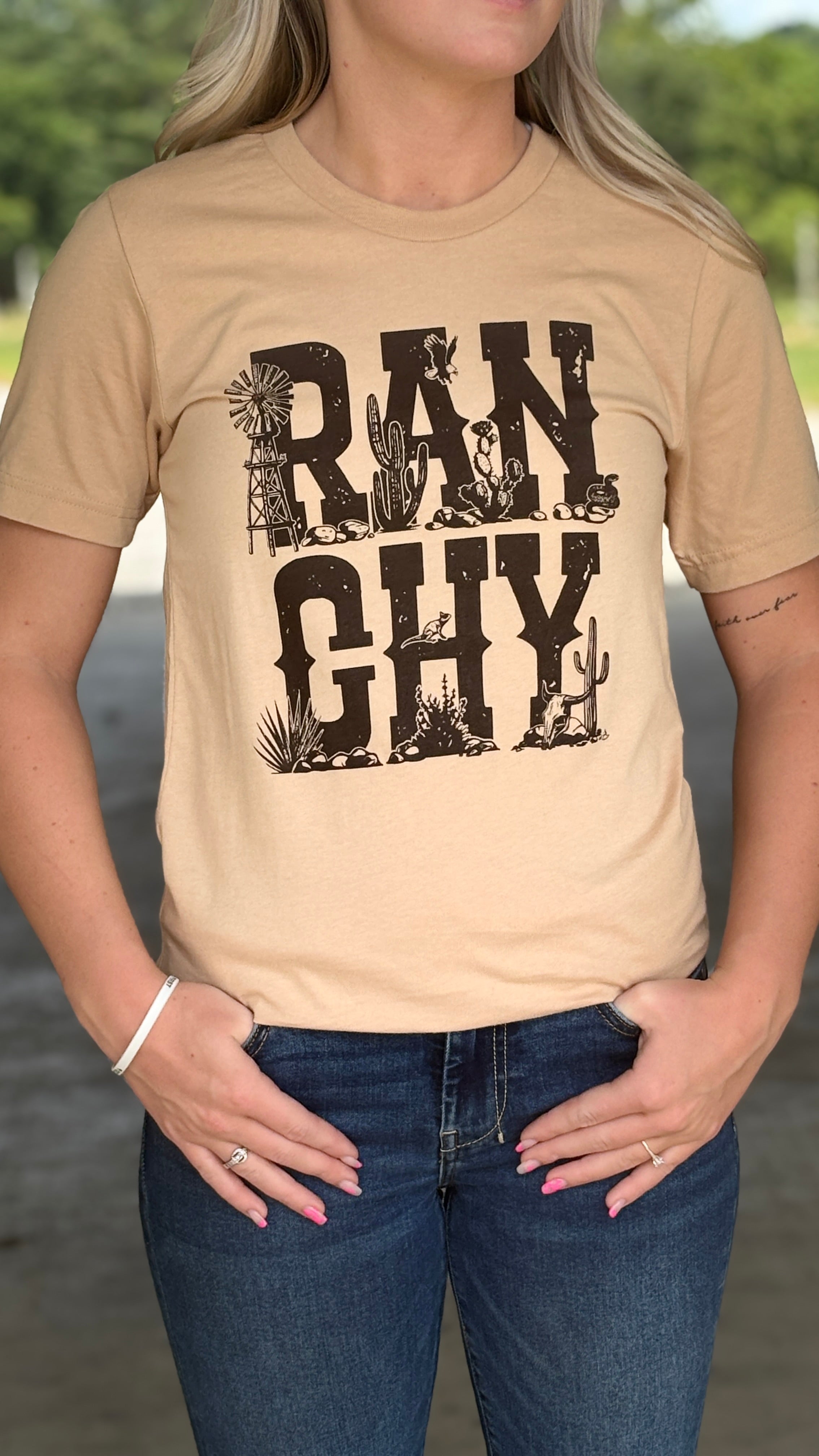 Ranchy Western Tee ~ Sand - Henderson's Western Store