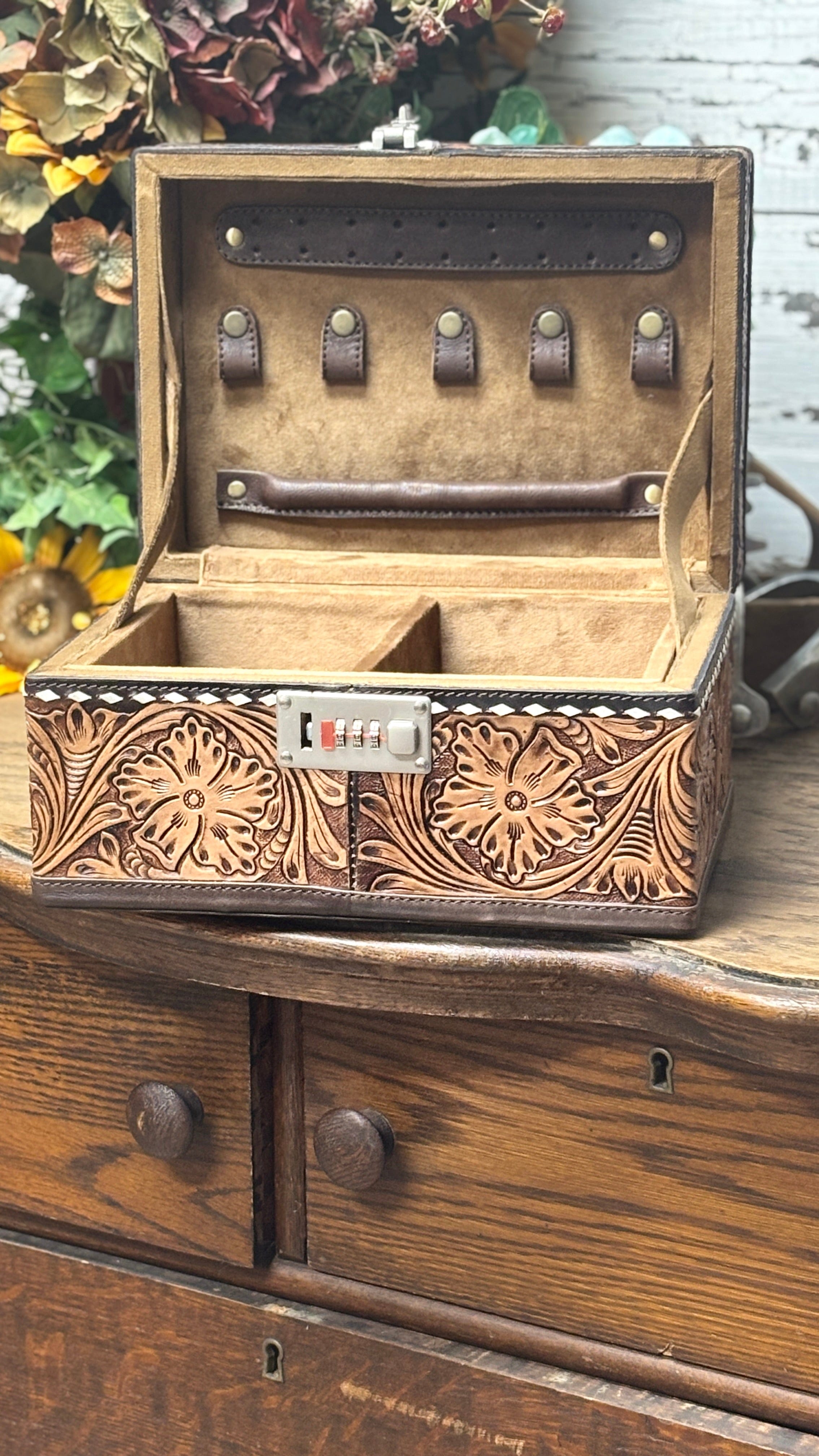 Floral Tooled Leather Jewelry Box Safe