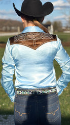 Satin Pullover Button Up by Cowgirl Tuff ~ Brown & Sky Blue W/Embroidered Bootstitch - Henderson's Western Store