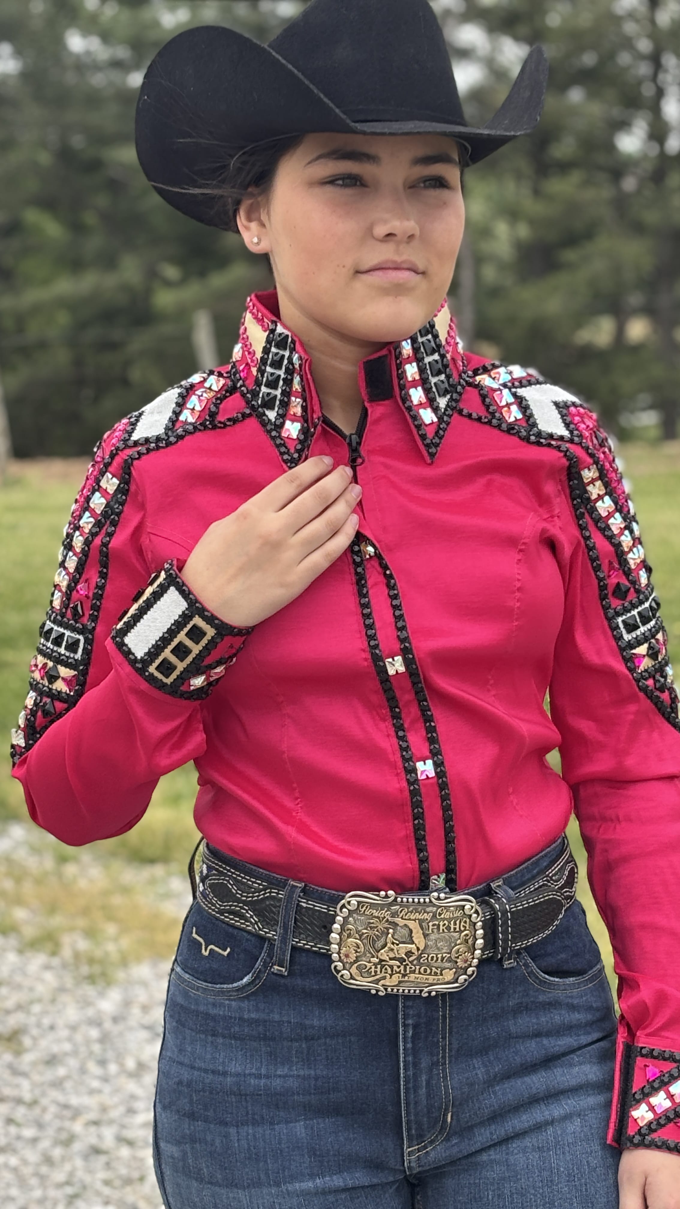 ROCA WEAR コットンベスト 3XL シャイニー RHC Taffeta Bling Concealed Zipper Show Shirt -Fuchsia