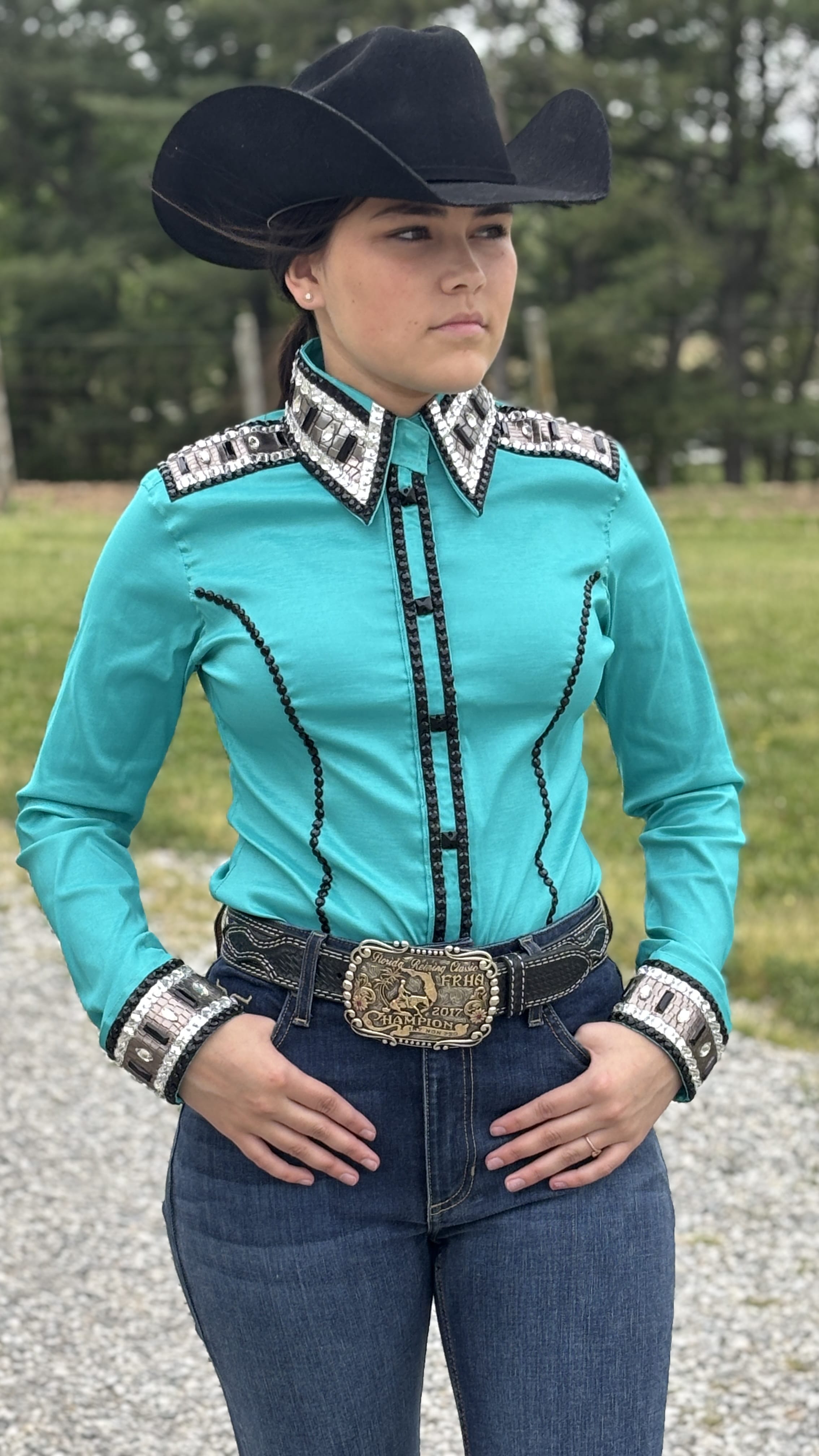 RHC Taffeta Bling Concealed Zipper Show Shirt -Teal Temptation - Henderson's Western Store
