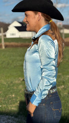 Satin Pullover Button Up by Cowgirl Tuff ~ Brown & Sky Blue W/Embroidered Bootstitch - Henderson's Western Store