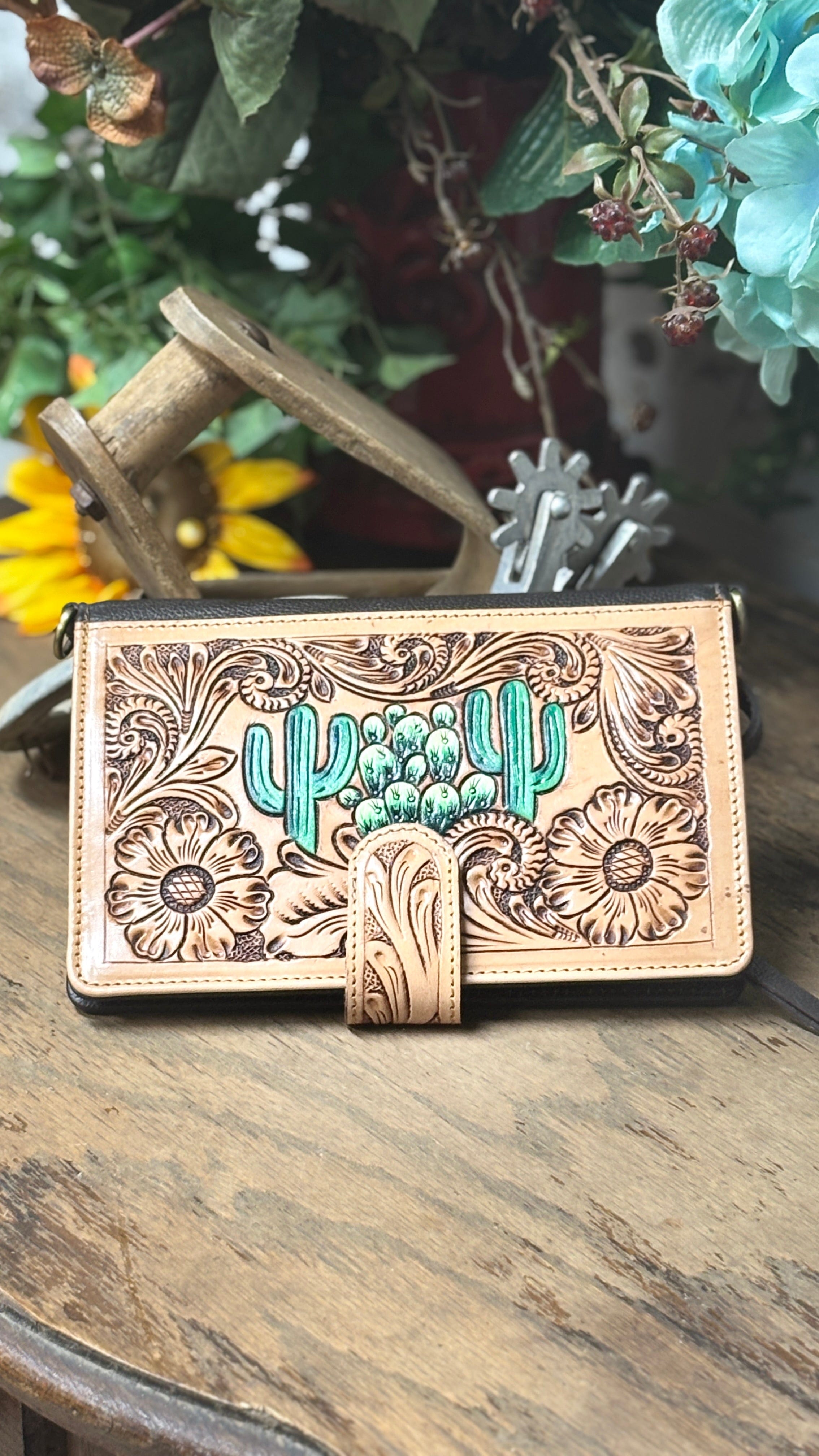 Floral Tooled Leather Cross Body ~ Cactus - Henderson's Western Store