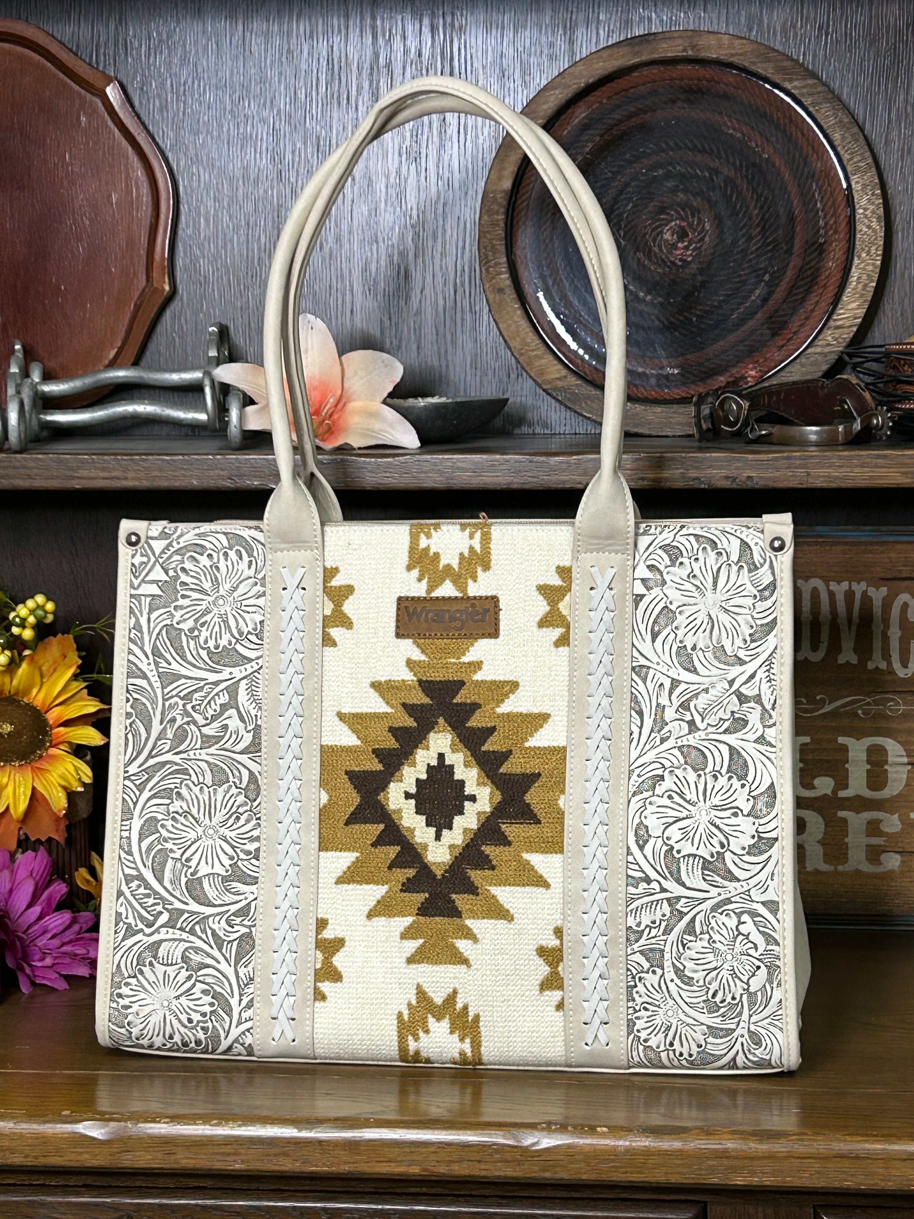 Wrangler Tooled Aztec Large Tote ~ Beige - Henderson's Western Store