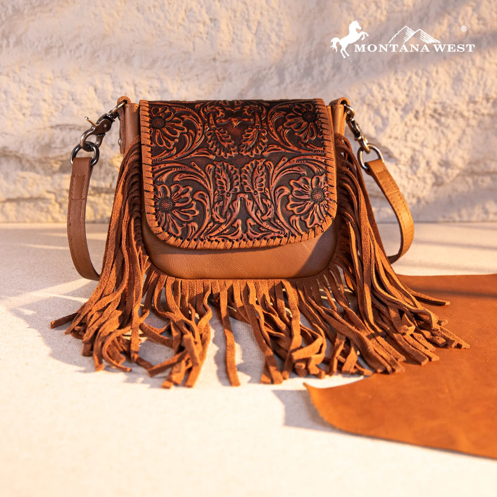 MW Genuine Leather Tooled Fringe Crossbody ~ Brown - Henderson's Western Store