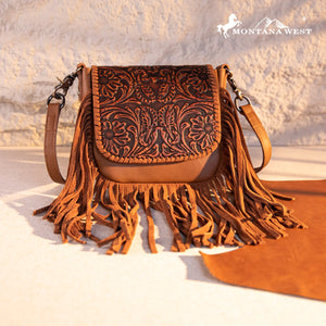 Load image into Gallery viewer, MW Genuine Leather Tooled Fringe Crossbody ~ Brown - Henderson&#39;s Western Store