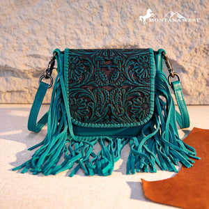 Load image into Gallery viewer, MW Genuine Leather Tooled Fringe Crossbody ~ Turquoise - Henderson&#39;s Western Store