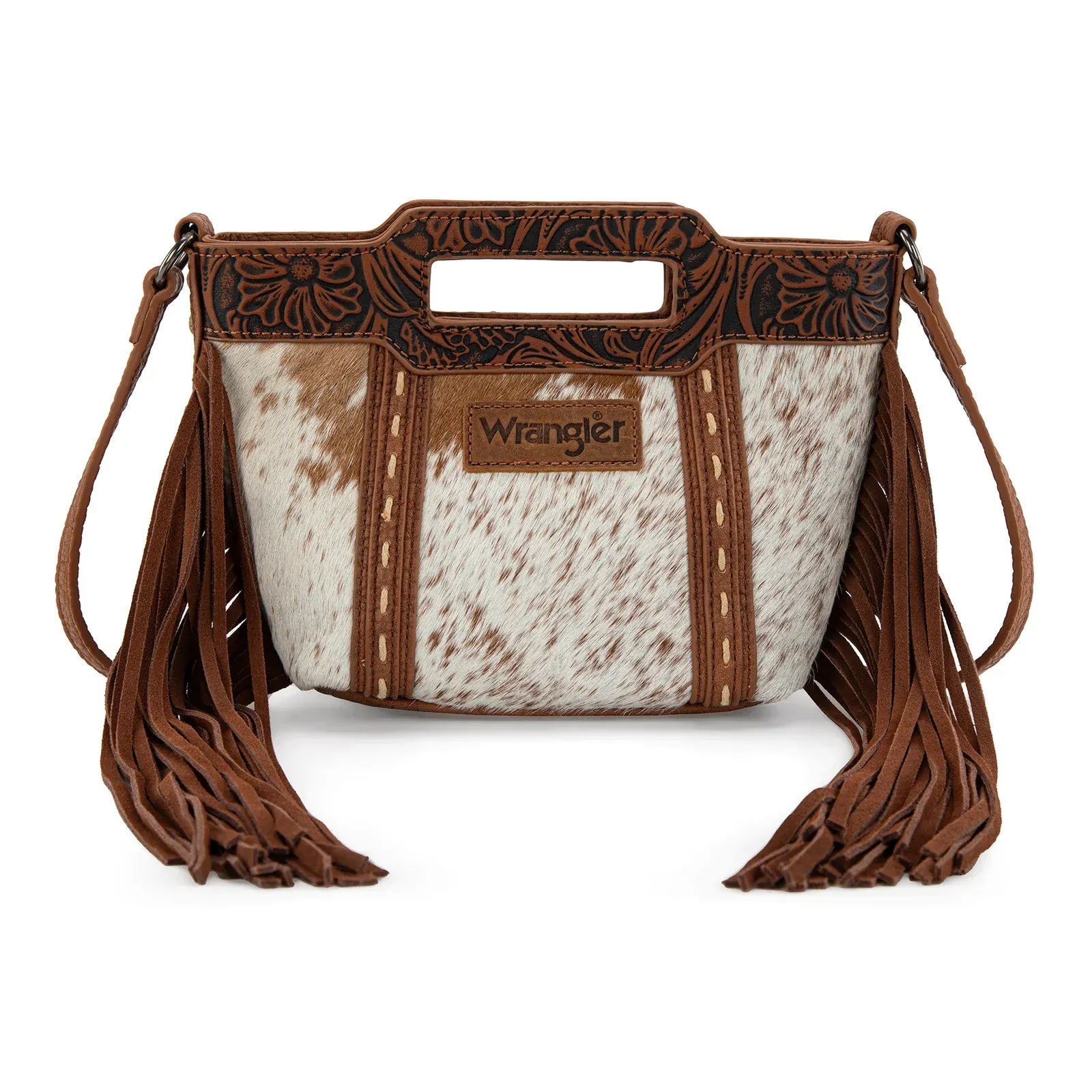 Wrangler Cowhide Top Handle Fringe Crossbody - Brown - Henderson's Western Store