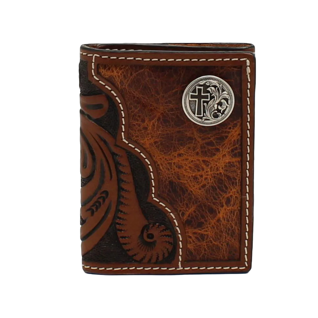 Floral Tooled Cross Concho Bifold Wallet - Henderson's Western Store