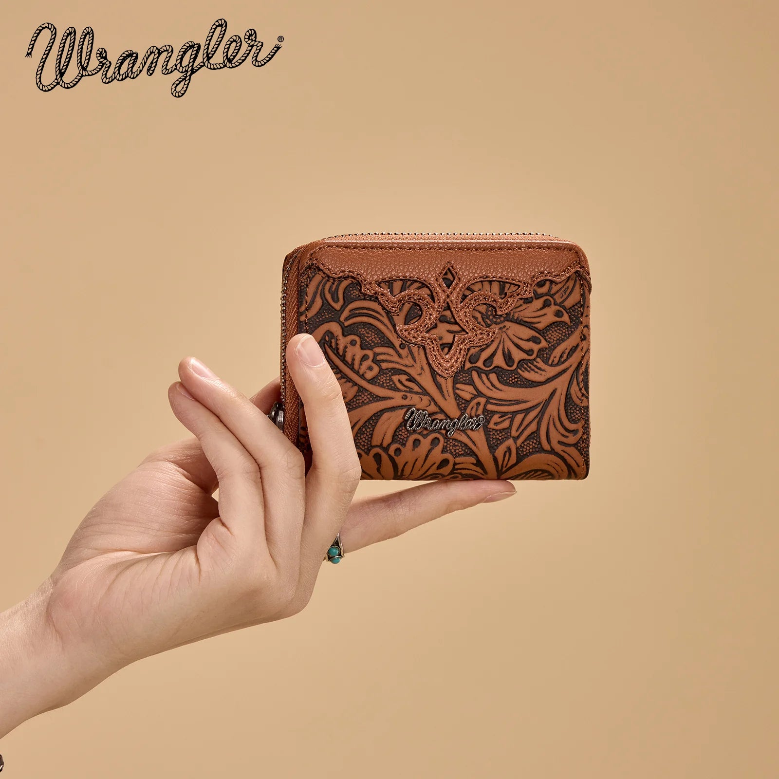 Wrangler Tooled Zip-Around Wallet ~ Brown - Henderson's Western Store